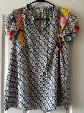 Entro Printed Ruffle Sleeve Blouse in Navy & Cream with Multicolor Accents
